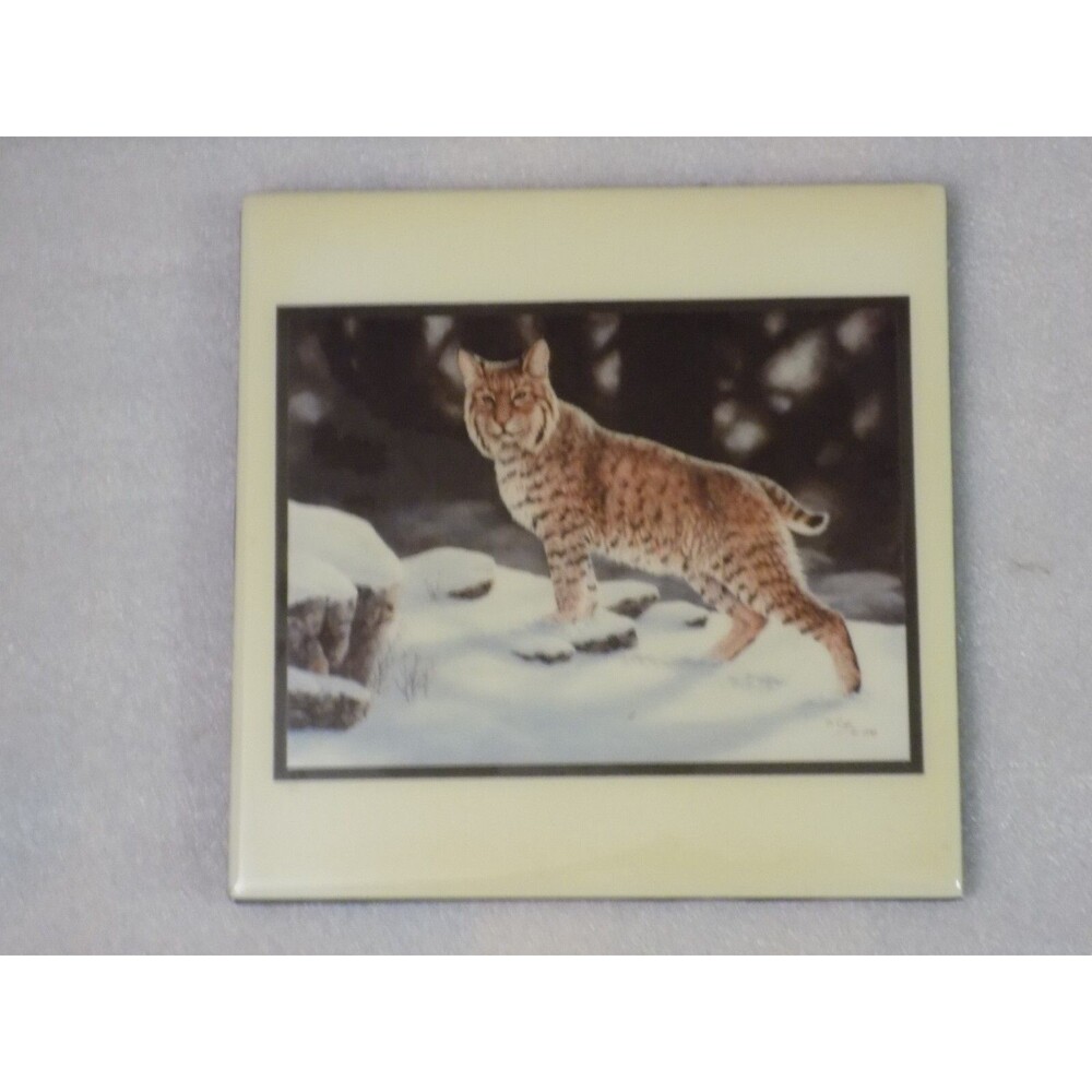 Bobcat D. Cox 1993 Hand Painted Ceramic Porcelain Art Tile Decor